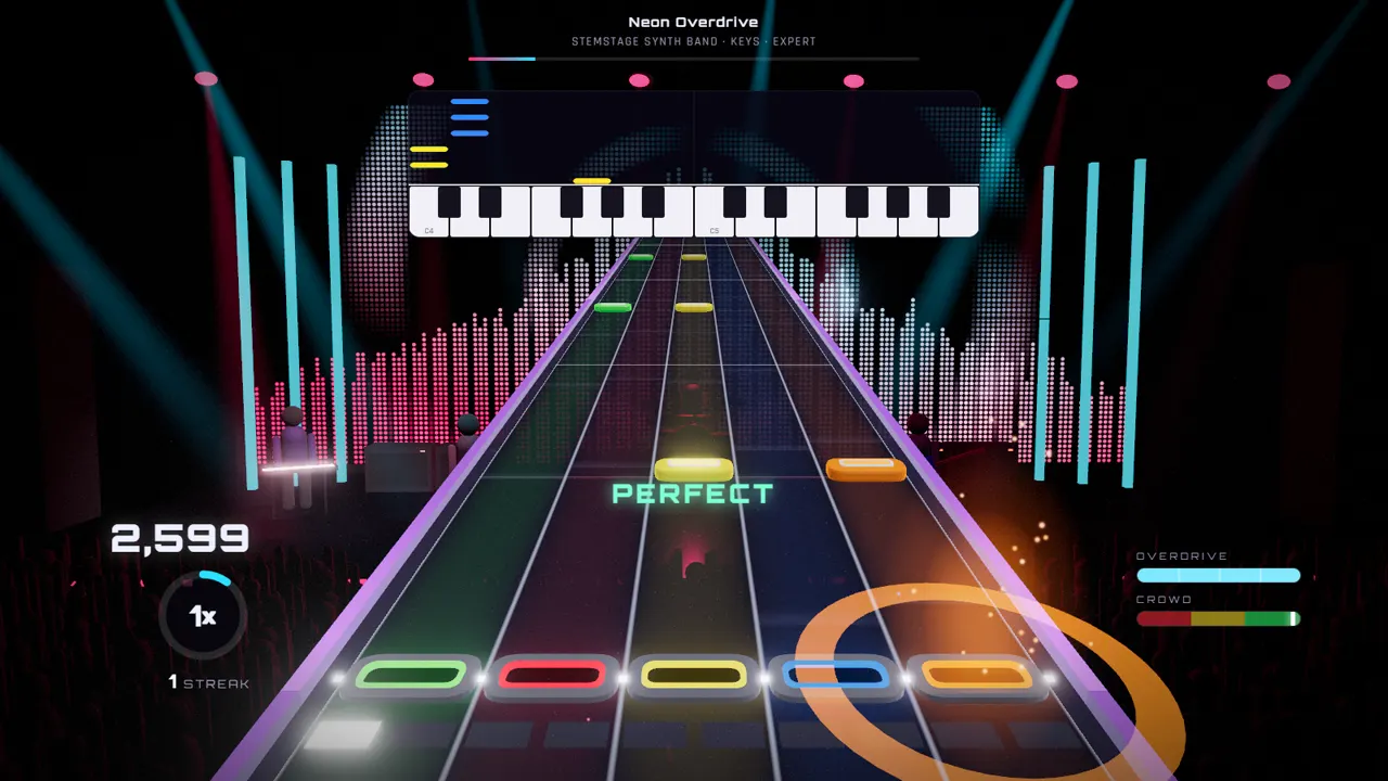 Piano keyboard with falling notes above the highway